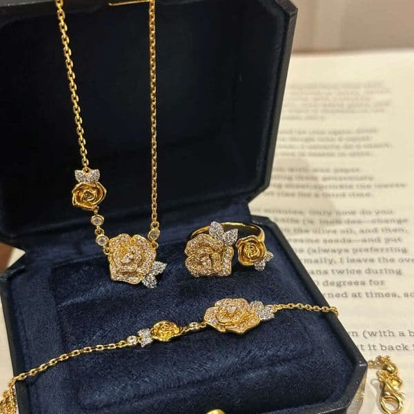 French Retro Full Diamond Twin Rose Necklace for Women, Light Luxury Camellia Bracelet, Chanel Style Vintage Ring
