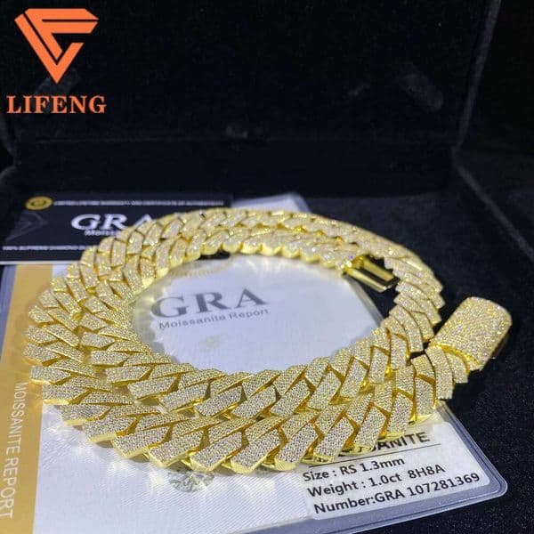 Men's 14k 18k Gold Plated 20mm 3-Rows Miami Cuban Link Necklace 925 Silver Hip Hop Ice with VVS moissanite Jewelry Passes Diamond Test GRA Certificate