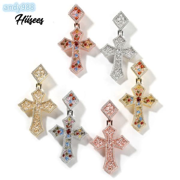 Diamond Cross Pendant Necklace Unique Fashion Stylish Rapper Jewelry Hip Hop Style Fancy Rainbow Stone MoissaniteVVS Pendant