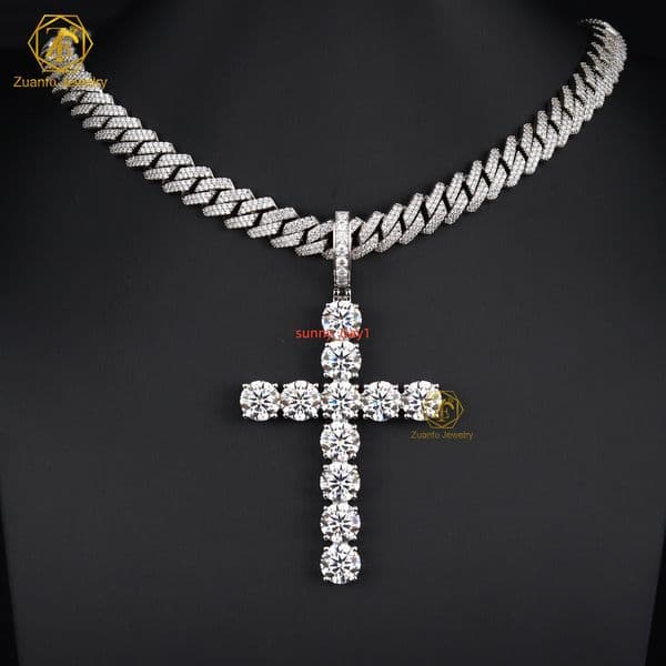 Large Size 10mm Moissanite Diamond Tester Cross Pendant 925 Silver Customizable Hip Hop Rock Iced Look Lucky Charms Custom