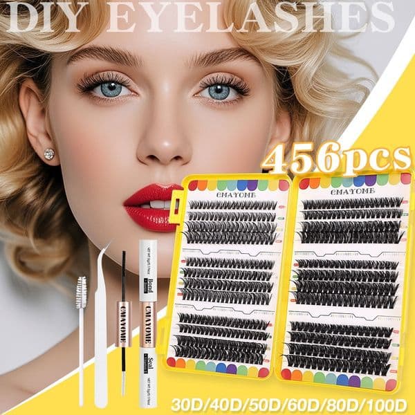 DIY Cluster Lashes Kit with Lash Bond and Seal, 456Pcs DIY Individual Eyelashes Soft Lightweight Comfortable to Wear, Fluffy Volume Lash Clusters D Curled