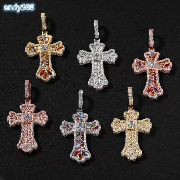 New Arrivals Unique Fashion Stylish Rapper Jewelry Hip Hop Style Fancy Rainbow Stone Moissanite Diamond Cross Pendant Necklace