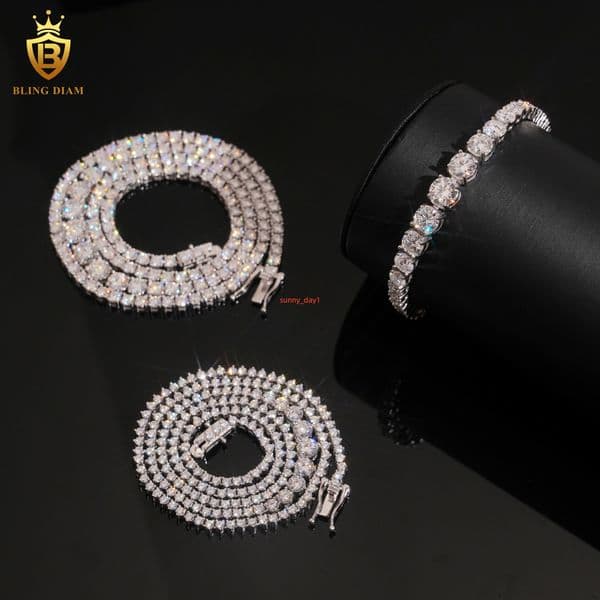 Fashion Jewelry Hip Hop Prong Setting D Color 2 and 3mm Gradual Moissanite Tennis Chain Necklace for Women Gift
