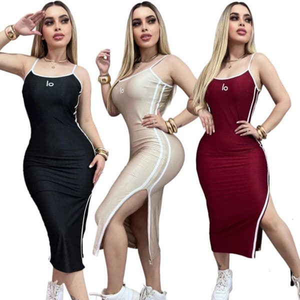 New Fashion Designer Dress For Women Basic Casual Dresses Elegant Embroidered Sleeveless Strap Slim Fit Split Dress S-2XL