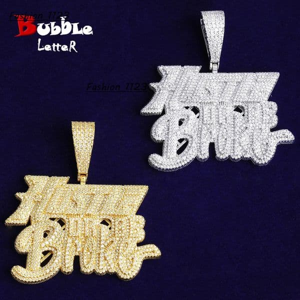 Hip Hop Hustle or Broke Necklace Pendant Mens Genuine Copper Cubic Zirconia Jewelry