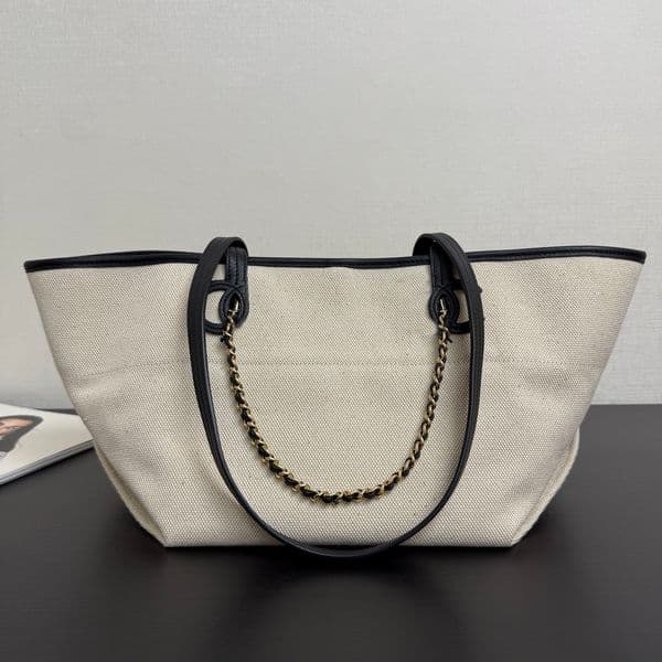 Designer Bag 26SS Series Canvas Shopping Bag Luxury Calfskin Patchwork Tote Bag Beige Black Shoulder Bag Large Capacity Vacation Beach Bag