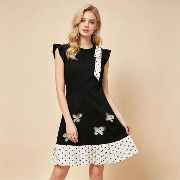 Designer's high-end women's summer new style French small fragrance bow pleated polka dot women's patch dress