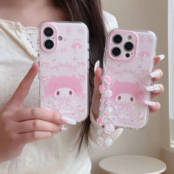 Luxury Pink Cake Melody Hot Sale Phone Case For iPhone 17 17Pro 15 16 Pro Max Shockproof Cute Cover With Bracelet