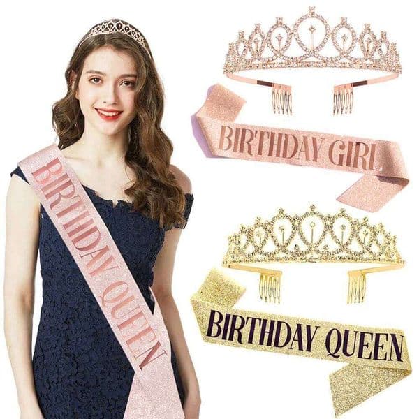 Crystal Rose Gold Glitter Satin Sash Bling Crown Queen Girls Tiara Shoulder Strap Birthday Party Decoration
