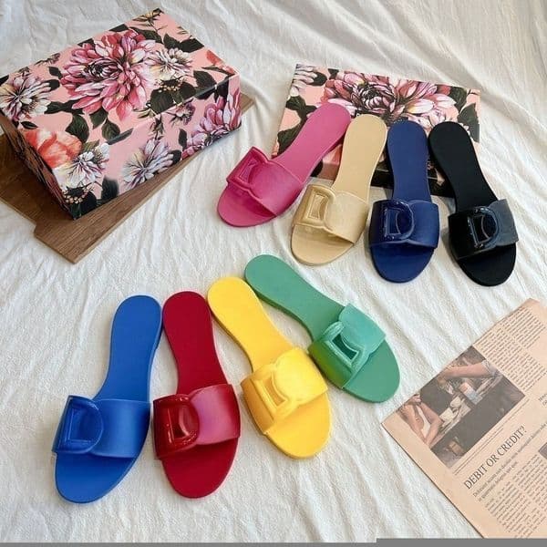 D Designer Shoes Women Jelly Slides Sandals Luxury Brand Logo Flat Slippers Summer Beach Non-slip Rubber Flip Flops Multi Color Girlfriend Daughter Gift Size 35-41