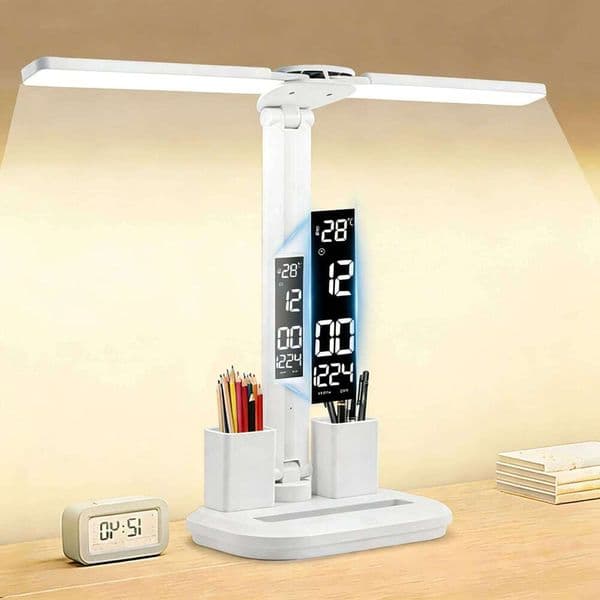 Dual Head LED Desk Lamp Clock, Dimmable Eye-Caring Light with Pen Holder for Study, Office, Dorm
