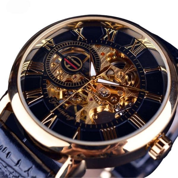 Skeleton 3D literal design retro Roman numeral mechanical watch for men light luxury business automatic hollow watch