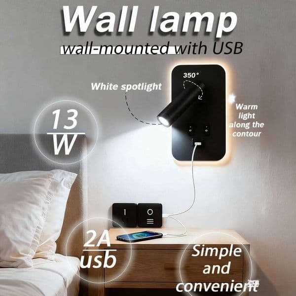 Reading Lamp with USB 13W Rotatable Bedside Wall Light Double switch LED Bedroom Spot Lights