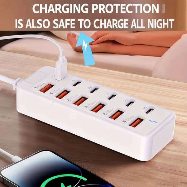 66W 12 in 1 Fast Charger 6 Type C Multi Ports Plug Hub 1M Extension Cables USB Extender for Phone Laptop Power Strip