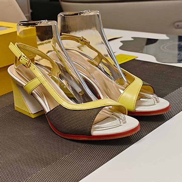 Dark green knit yellow nappa leather high heels comfortable wide heel Ladies Classi Asymmetric sandal Two tone rubber Non slip sole Ladies Banquet Exquisite Sandals