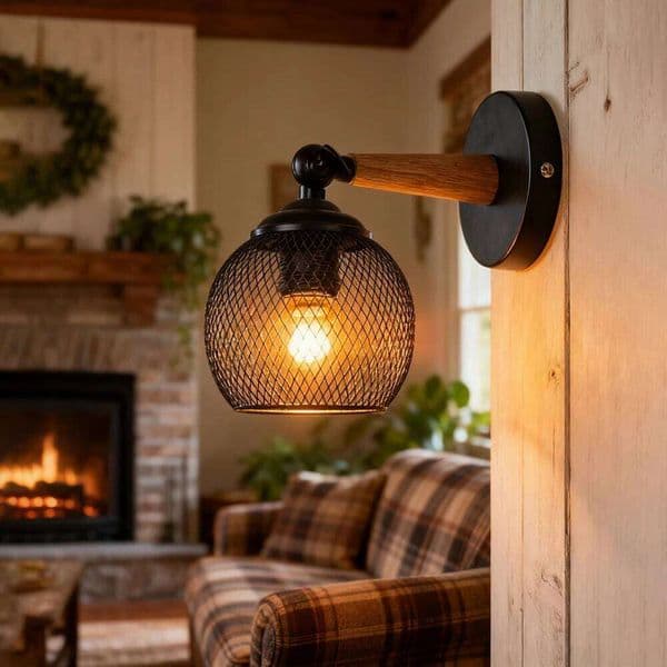 Vintage Fixtures, Industrial Wire Cage Sconces, Modern Sconces Lighting, Retro Wood Wall Mount Light E27