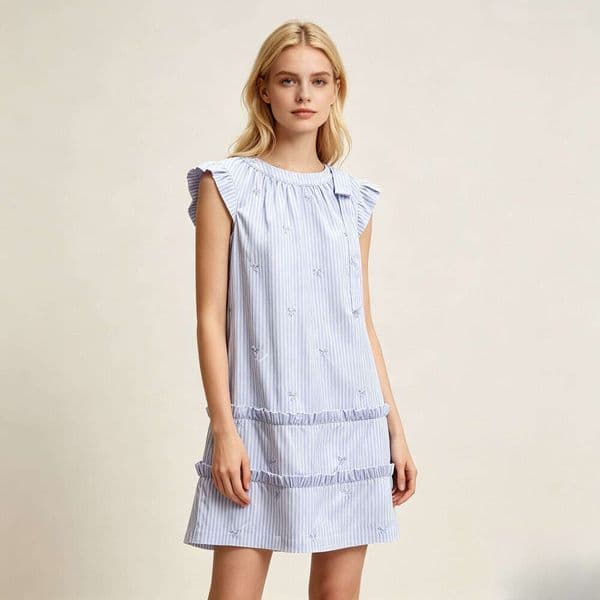 Designer's high-end women's summer new era simple soft blue flowing sleeve embroidered bow dress