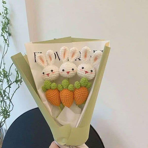 New Rabbit Crochet Hand-knitted Artificial Flowers Bouquet Homemade DIY Flower Valentine's Day Gift Home Wedding Decor
