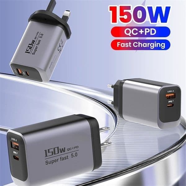 New 150W all compatible charger, travel small appliances, fast charging head multi-port A+C connector gray, black