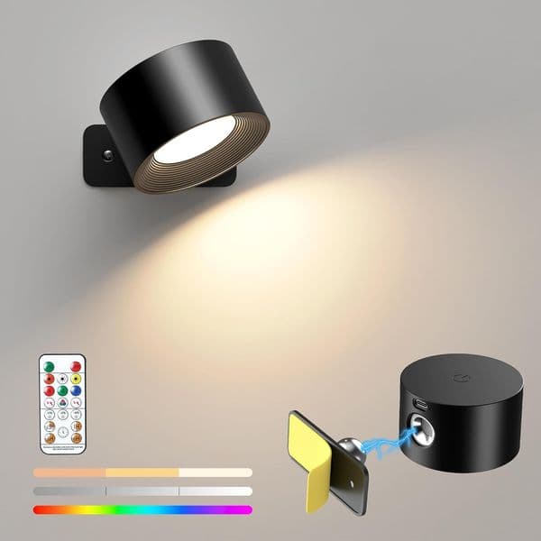 USB Rechargeable Wall Lamp 3 Color RGB 360° Rotatable Magnetic for Home Bedside Bedroom Wireless Portable Light With Remote Control Cordless
