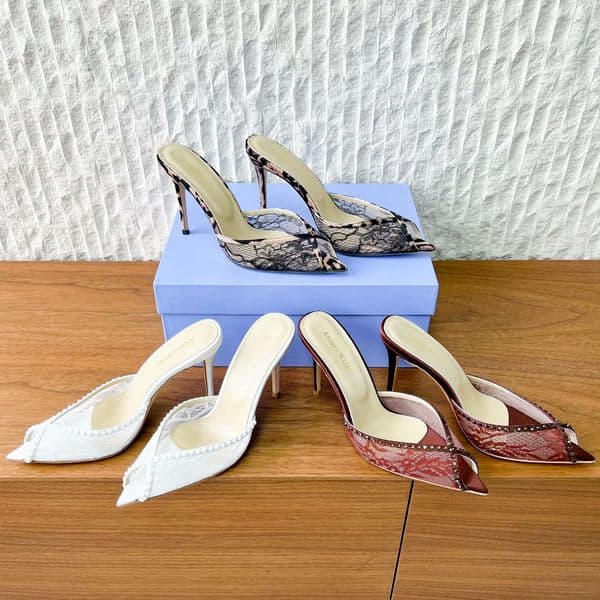 Luxury Sandal Designer andrea wazen heel Slipper Womens sexy pointed Stiletto Sandale slide Lace Mesh crystal kitten heels white Summer party bride wed dress shoes