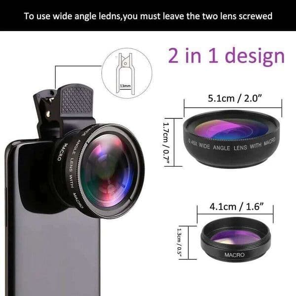 Universal Clip 2-in-1 Lens 37mm Professional 0.45X Super Wide-Angle Macro HD for iPhone & Android Mobile Phones