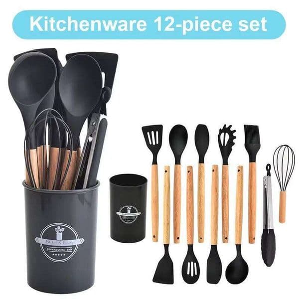 12Pcs Utensil Silicone Spatula Set Wooden Handle Cooking Tools Kit with Holder Heat-Resistant Cookware for Kitchen