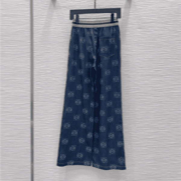 High End Designer Allover Logo Print Denim Pants Wide Leg Elastic Waist Women Streetwear Chic Everyday Wear
