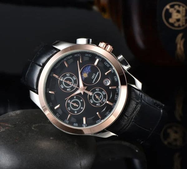 New Men's wristwatch with six black hour hands on a black dial quartz movement top-of-the-line luxurious style leather strap fashionable