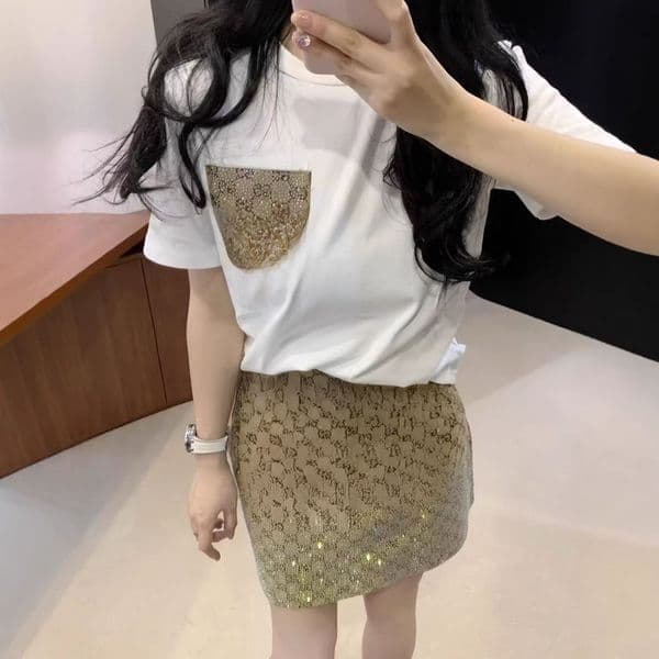 Women's Diamond-Encrusted Two Piece Set Luxury Geometric Pattern Tee & Skirt Suit