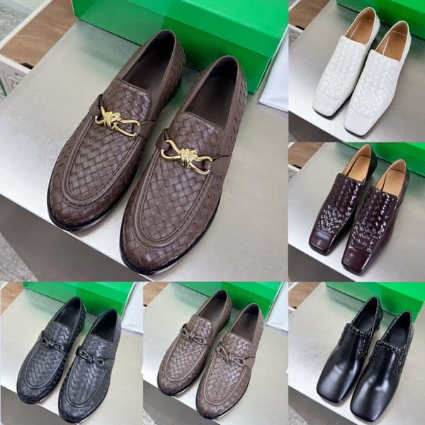 Top Designer Women Woven Genuine Leather Loafers Luxury Mules Square Almond Toe Slip-On Flats Fashion Metal Buckle Patent Leather Dress Shoes for Daily Office Wear