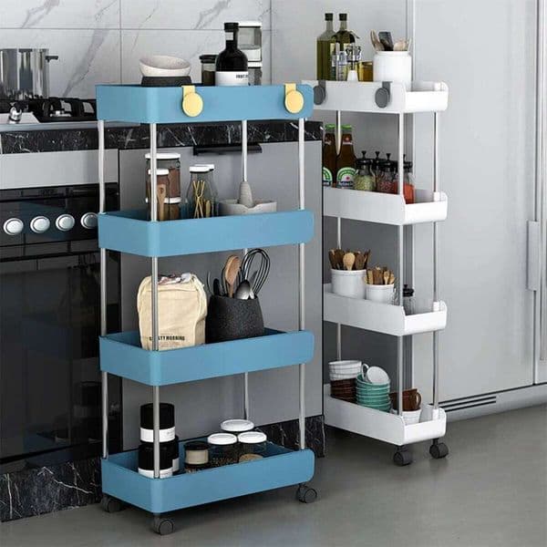 3/4-tier Kitchen Trolley Floor-Standing Storage Rack with Hooks 360° swivel wheel Rolling Utility Cart for Home Bathroom