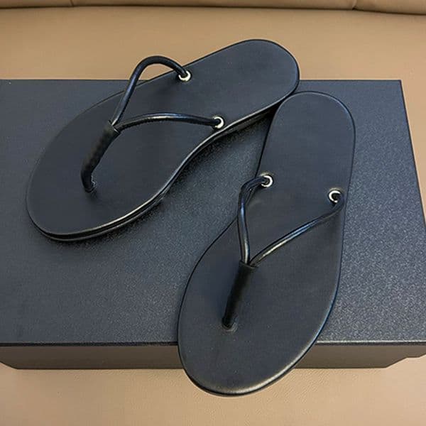 Miss Luxe Black Leather Flat Flip Flops Delicate Gold Hardware Detail Timeless Thong Sandals Ideal Summer Beach Wear Occasions Daily Use