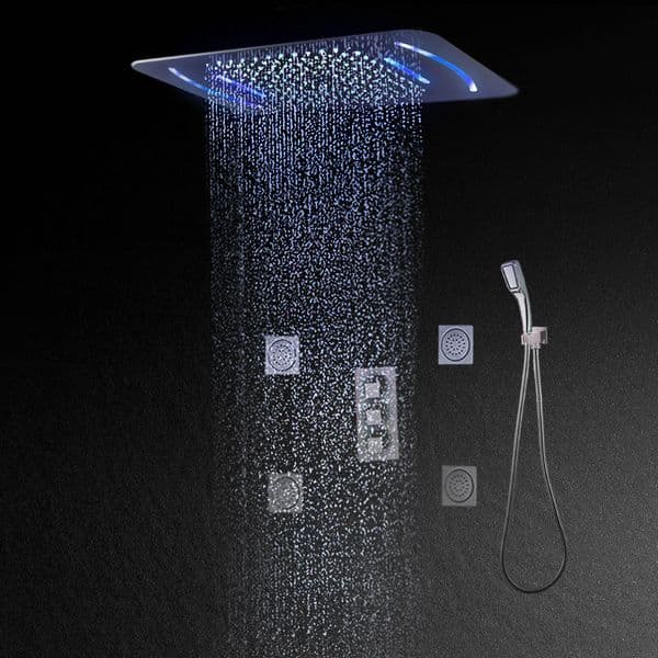 Concealed Thermostatic Shower System with 580x380mm LED Ceiling Rain Shower Head Spa-Inspired Home Spa Kit Multi-functional Water Outlet Waterfall & Massage Jets