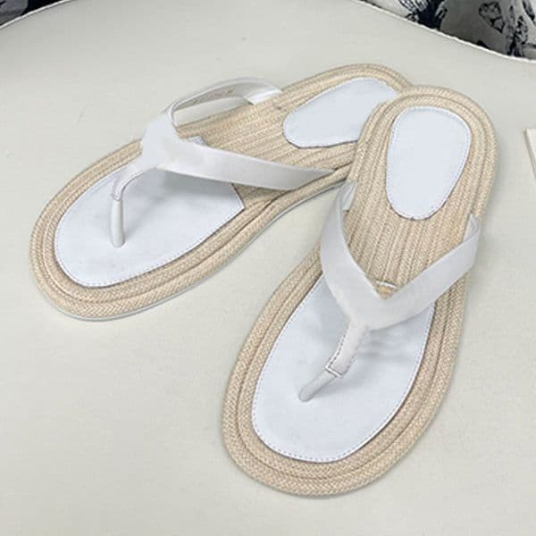 Flat Thong Sandals Women White Leather Gold Metal Accent Raffia Woven Sole Summer Beach Resort Casual Footwear Comfortable Open Toe Flip Flops