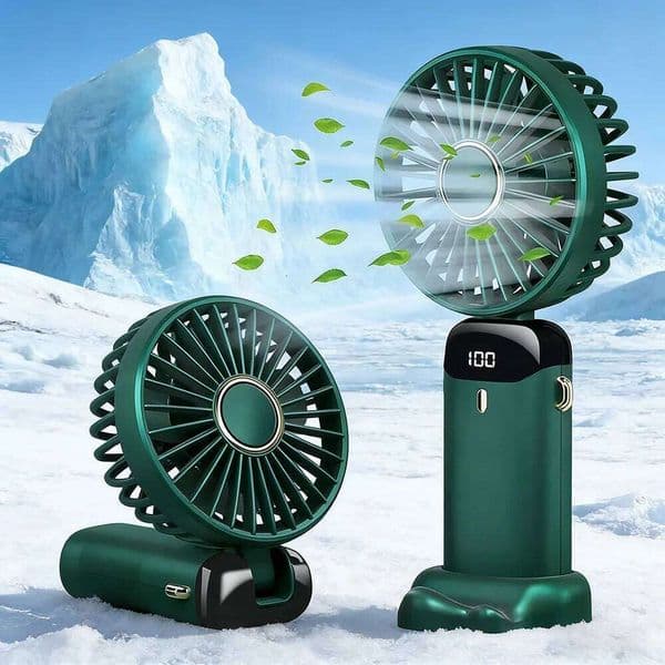 Handheld with LED Display, 1200mAh Rechargeable, 5 Speeds, Neck Fan, Phone Stand, 90° Foldable, Portable Mini Fan for Travel