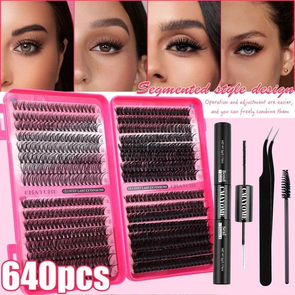 DIY Cluster Lashes Kit - Thick Fluffy DIY Eyelash Extension Kit with lash Bond and Seal Strong Hold, Handmade Reusable Wispy Lash Clusters D Curled Individual Eyelashes