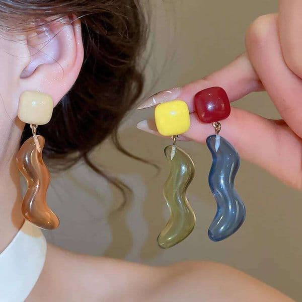 Vintage Color Block Resin Drop Women Irregular Wavy Dangle Earrings Fresh Cute Sweet Daily Wear Holiday Jewelry Gifts