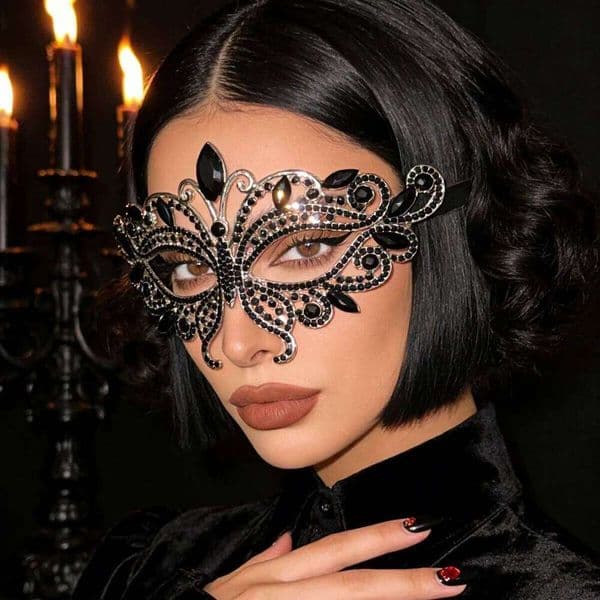 Rhinestone Butterfly Masquerade for Women Vintage Alloy Party with Ribbon Halloween Cosplay Wedding Prom Venetian Mask
