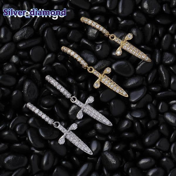 Hip-Hop Sword-Shaped Earrings Cross Zircon Personality Stud Earrings Punk Hip-Hop Unisex Trendy Earrings