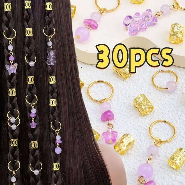 30Pcs purple Y2K Rings Set, Butterfly Bear Star Dreadlock Beads, Cute Charms Braids, Hair Accessories for Women
