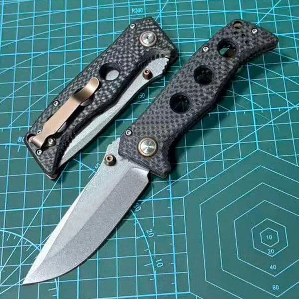 BM 273-03 Shane Sibert Mini Adamas Folding Knife 3.26 CPM-MagnaCut Satin Plain Blade, Marbled Carbon Fiber Handles