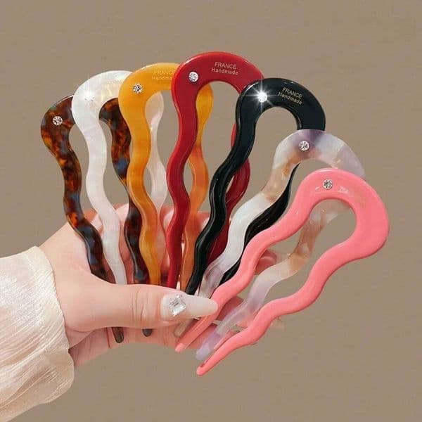 1/2/3pcs Acrylic Pins Sticks for Women Girls Elegant Rhinestone U shaped Wave Fork Pink Black Hair Updo Styling Accessories