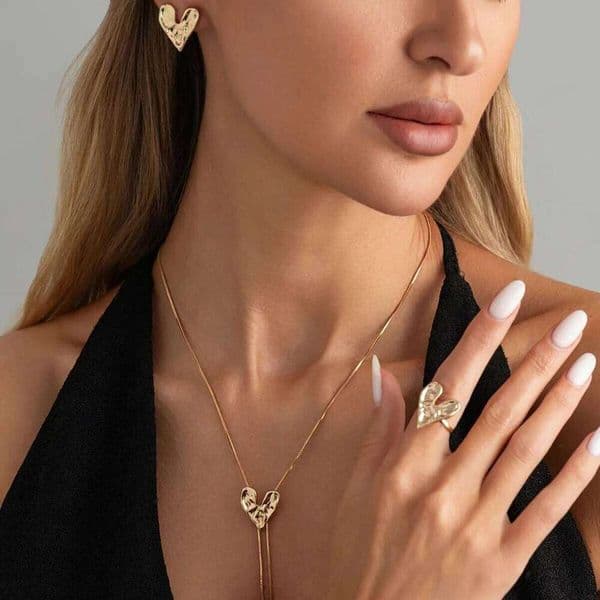 Minimalist Metallic Sets Women Drawstring Love Pleated Necklace Earrings Rings Set Stylish Banquet Jewelry Accessories
