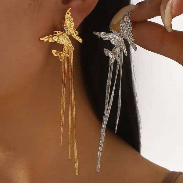 New Metal Tassel Drop for Women Double Butterfly Long Dangle Earrings Fashion Temperament Party Birthday Jewelry Gifts