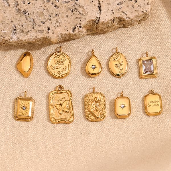 High Quality ins fashion personalized geometric jewelry accessories stainless steel 18K gold plated water drop rose flower square pendant for women