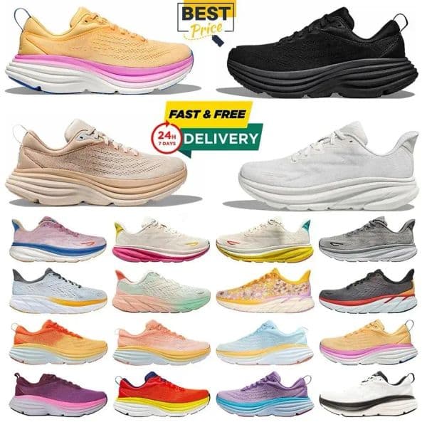 Mens Womens Running Shoes Designer Sneakers Bondi 8 Pink Triple Black White Blue Grey Purple Orange Casual Shoes For Men Luxury Shoes Womens Outdoor Trainers