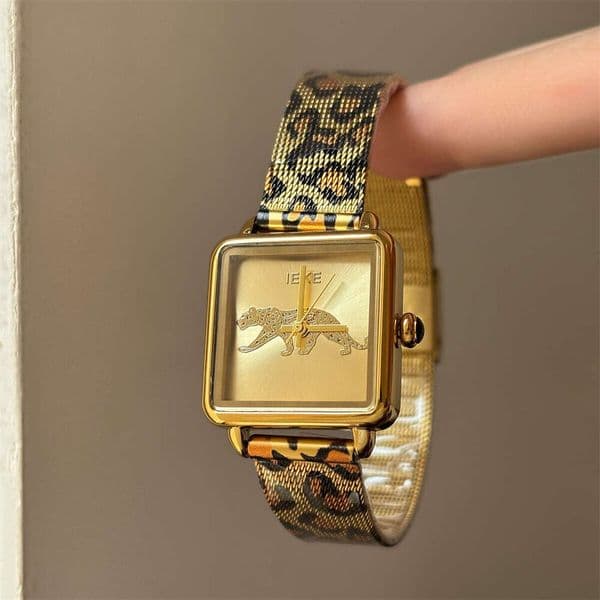 Designer Lady Watch IEKE Square Watch for Women 2026 New Vintage Style Light Luxury Retro High-End Feel gold Leopard Pattern Strap