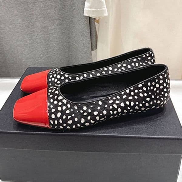Lady Sophisticated Polka Dot Pony Hair Red Patent Leather Square Toe Ballet Flats Slip On Comfortable Flat Shoes Casual Daily Office Work Party Use
