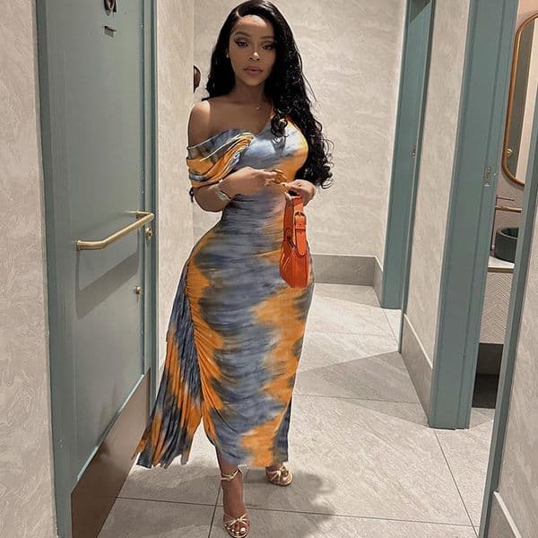 Slanted collar tight-fitting dress mid-length bodycon skirt printed pullover dress womens dress high-waisted and slimming